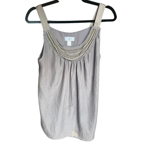 Ann Loft Gray Chain & Beaded Embellished Scoop Neck Blouse Size Medium - Picture 1 of 7